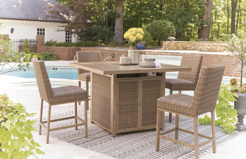 Ashley Furniture Walton Bridge outdoor dining set with a table and four chairs, perfect for patio outdoor entertaining.