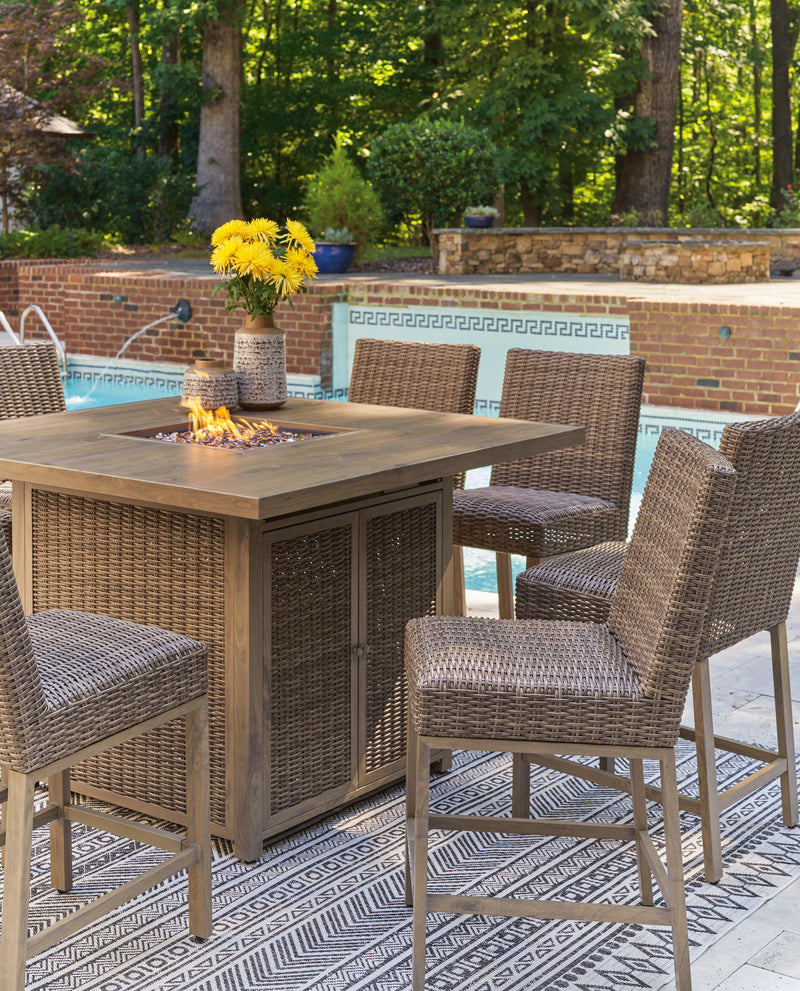 Ashley Furniture Walton Bridge outdoor dining set with a rectangular table and six matching chairs, set outdoors on a patio.