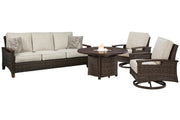 Ashley Furniture Paradise Trail outdoor sofa, lounge chairs, and fire pit table set for patio relaxation.
