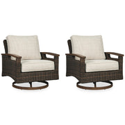 Ashley Furniture Paradise Trail outdoor loveseat, lounge chairs, and fire pit table set, stylish patio furniture for outdoor relaxation.