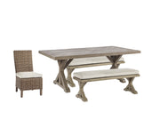 Outdoor Ashley Furniture Beachcroft outdoor dining set with table and chairs on patio, perfect for outdoor meals and gatherings.