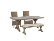 Ashley Furniture Beachcroft outdoor dining set with round table and six chairs, ideal for patio outdoor dining.