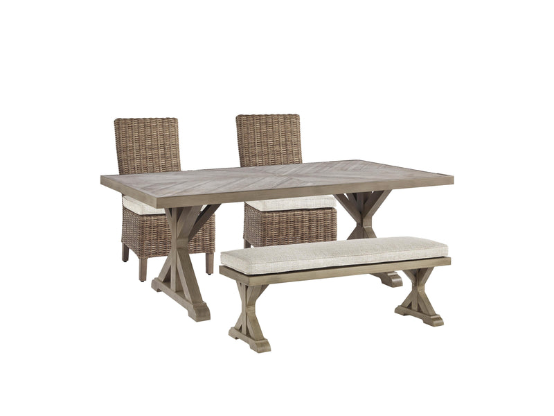 Ashley Furniture Beachcroft outdoor dining set with round table and six chairs, ideal for patio outdoor dining.