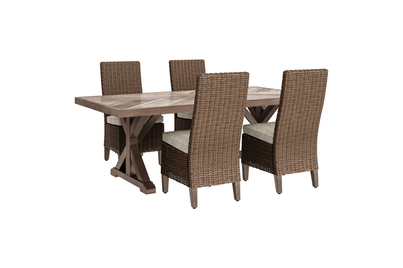 Ashley Furniture Beachcroft outdoor dining set with a table and matching chairs, ideal for outdoor patio or garden dining.
