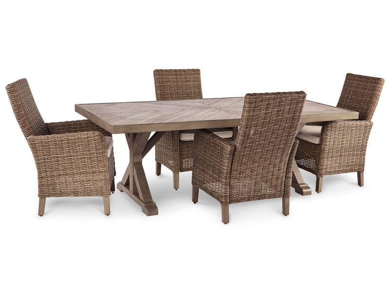 Outdoor dining set by Ashley Furniture with a rectangular table and six chairs, perfect for patio outdoor meals.