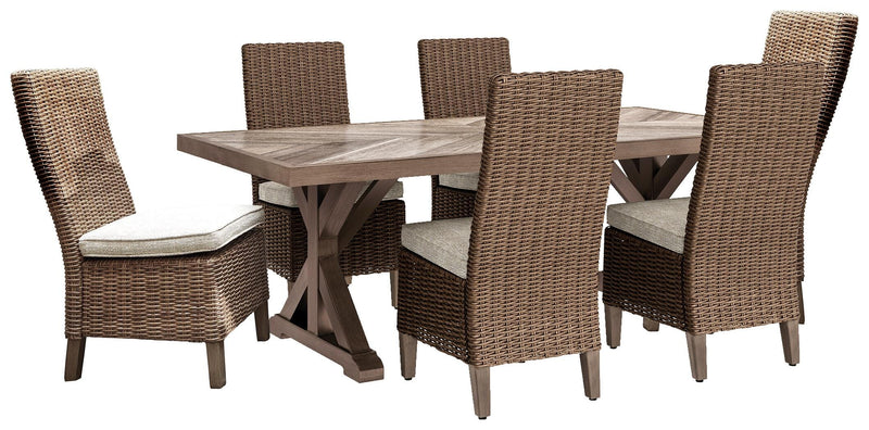Outdoor Ashley Furniture Beachcroft outdoor dining set with a table and chairs, ideal for patio dining and outdoor gatherings.