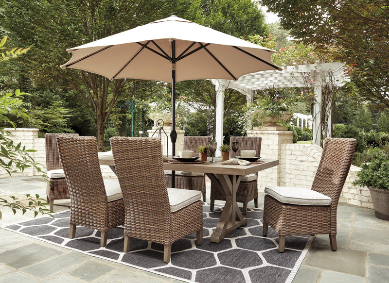 Ashley Furniture Beachcroft outdoor dining set with a table and chairs, ideal for patio and garden outdoor dining spaces.