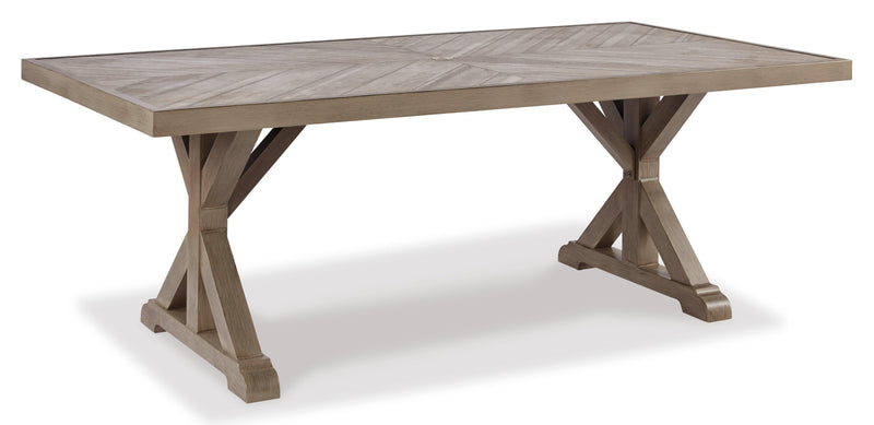 Ashley Furniture Beachcroft outdoor dining set with a table and six chairs, shown from an angled view.