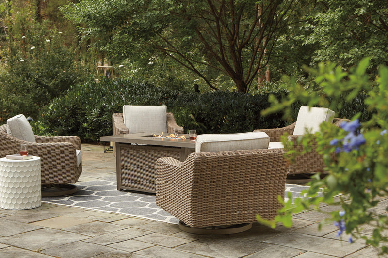 Outdoor Ashley Furniture Beachcroft fire pit table with four Nuvella swivel lounge chairs on patio, perfect for outdoor gatherings.