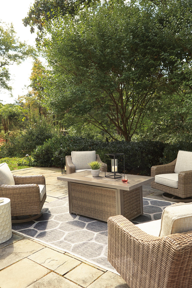 Outdoor seating set with Ashley Furniture Beachcroft fire pit table and four Nuvella swivel lounge chairs in a patio setting.