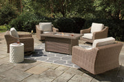 Outdoor seating set with a Fire Pit Table and four Ashley Furniture Nuvella swivel lounge chairs on a patio.
