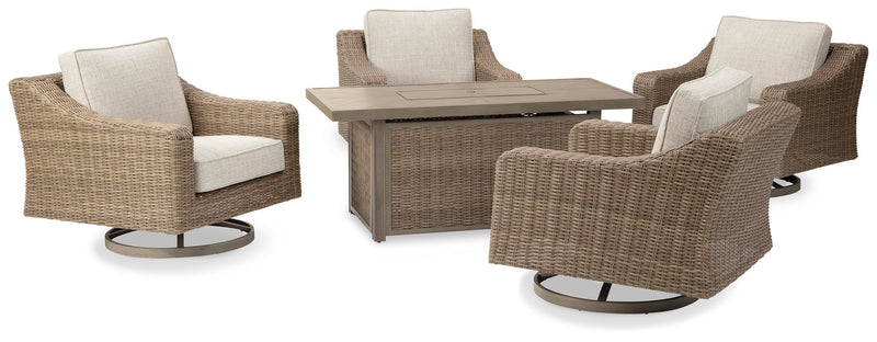 Outdoor seating set with Ashley Furniture Beachcroft fire pit table and four Nuvella swivel lounge chairs in a backyard setting.