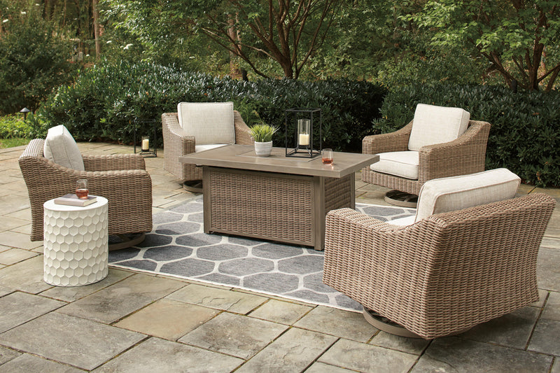 Outdoor Ashley Furniture beachcroft fire pit table with four Nuvella swivel lounge chairs on patio.