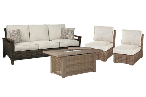 Ashley Furniture outdoor dining set with Beachcroft sofa, lounge chairs, and fire pit, ideal for patio relaxation and entertaining.