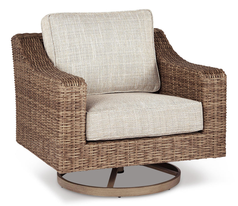Ashley Furniture Beachcroft outdoor seating set with cushioned chairs and a matching table, designed for patio relaxation.