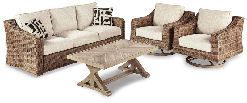 Ashley Furniture Beachcroft outdoor conversation set with cushioned chairs and a coffee table, ideal for patio or backyard seating.