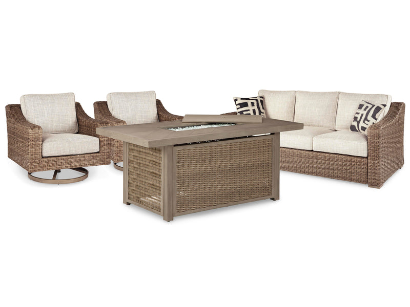 Outdoor Ashley Furniture Beachcroft outdoor seating set with cushioned chairs and table on patio in a garden setting.