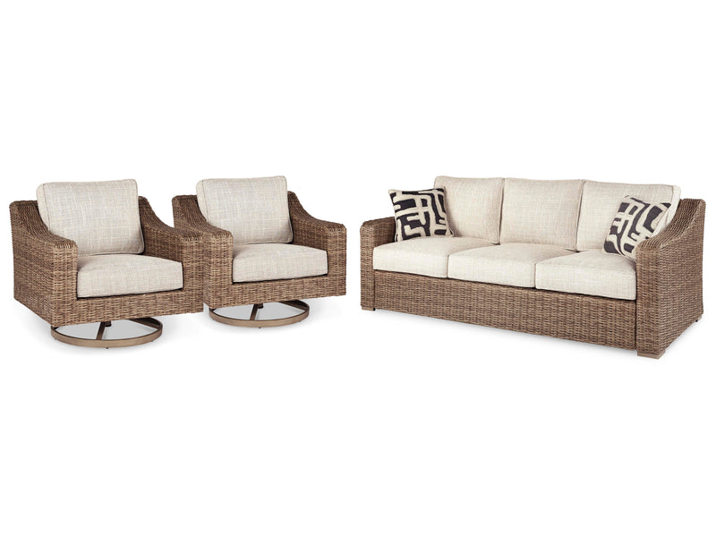 Ashley Furniture Beachcroft outdoor seating set with cushioned chairs and table, ideal for patio relaxation and outdoor entertaining.
