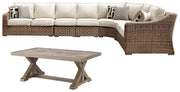 Outdoor Ashley Furniture Beachcroft outdoor seating set with cushioned chairs and a table, ideal for patio or garden relaxation.