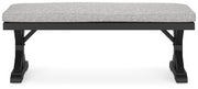 Ashley Furniture Beachcroft outdoor dining bench with cushioned seat and backrest, perfect for patio or garden seating.