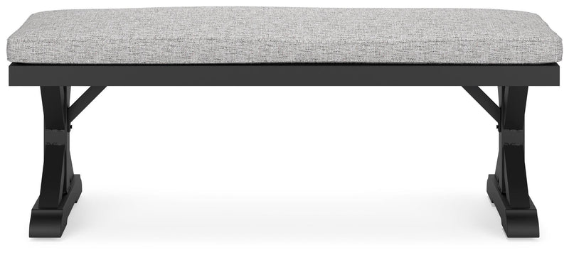 Ashley Furniture Beachcroft outdoor dining bench with cushioned seat and backrest, perfect for patio or garden seating.