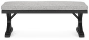 Ashley Furniture Beachcroft outdoor dining bench with cushion, featuring sturdy wood construction and comfortable seating for outdoor use.