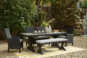 Ashley Furniture Beachcroft outdoor dining bench with cushion, featuring a sturdy wooden frame and comfortable seating for outdoor spaces.