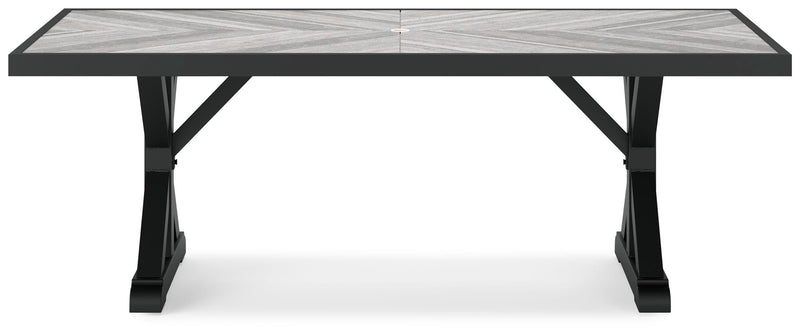 Ashley Furniture Beachcroft outdoor dining table with a wooden top and metal frame, perfect for patio outdoor dining setup.