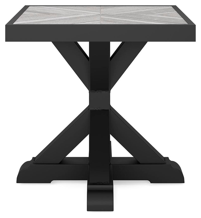 Ashley Furniture Beachcroft outdoor end table with wood finish and slatted top, ideal for patio or outdoor seating areas.