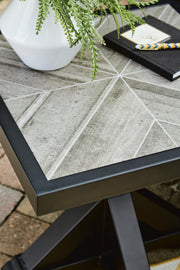 Outdoor end table from Ashley Furniture, Beachcroft style, with a simple design, made for outdoor use, featuring a sturdy tabletop.