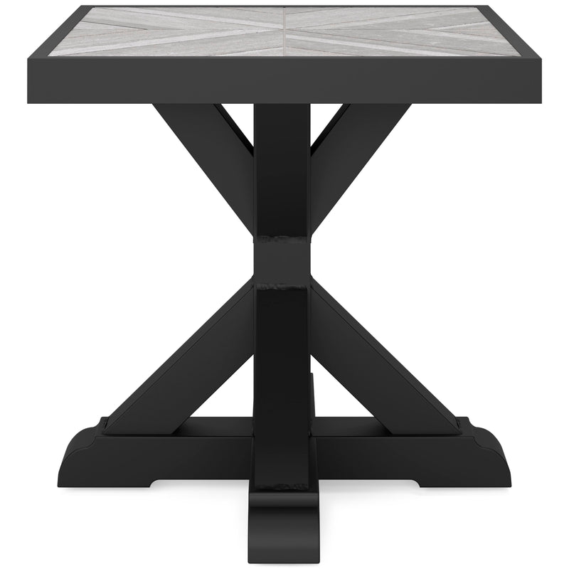Ashley Furniture Beachcroft outdoor end table with a wooden top and metal frame, perfect for patio or garden decor.
