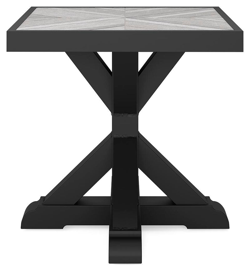 Beachcroft outdoor end table by Ashley Furniture with a black metal frame and wooden top, perfect for patio or garden seating areas.