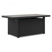 Outdoor fire pit table by Ashley Furniture with a stone-look surface and metal frame, ideal for outdoor patio relaxation.