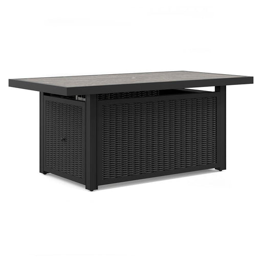 Outdoor fire pit table by Ashley Furniture with a stone-look surface and metal frame, ideal for outdoor patio relaxation.