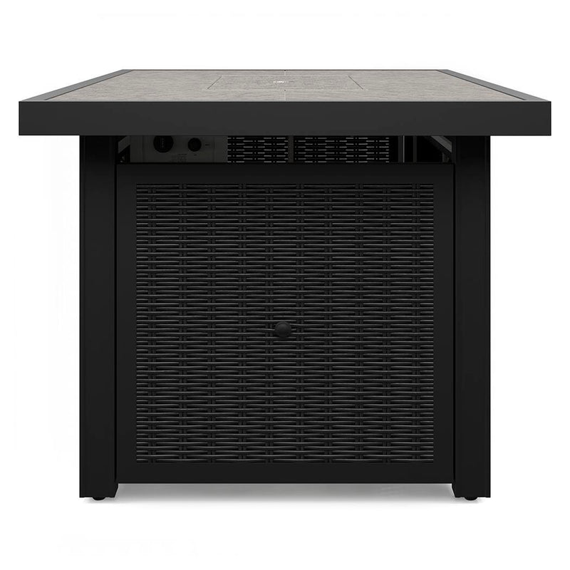 Outdoor Ashley Furniture Beachcroft fire pit table with a stone top and metal base, perfect for outdoor gatherings.