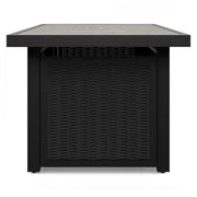 Ashley Furniture Beachcroft outdoor fire pit table with a rectangular design and stone finish, ideal for outdoor gatherings.