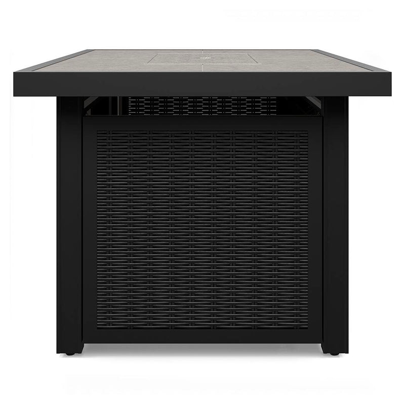 Ashley Furniture Beachcroft outdoor fire pit table with a rectangular design and stone finish, ideal for outdoor gatherings.
