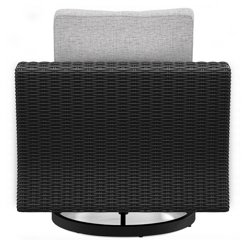 Ashley Furniture Beachcroft outdoor swivel lounge chair with cushion, featuring a stylish metal frame and comfortable seating.