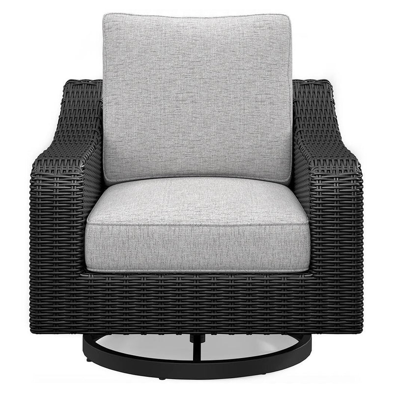 Ashley Furniture Beachcroft outdoor swivel lounge chair with cushion, featuring a stylish design and comfortable seating.