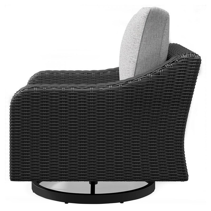 Ashley Furniture Beachcroft outdoor swivel lounge chair with cushion, featuring a stylish design and comfortable seating for outdoor relaxation.