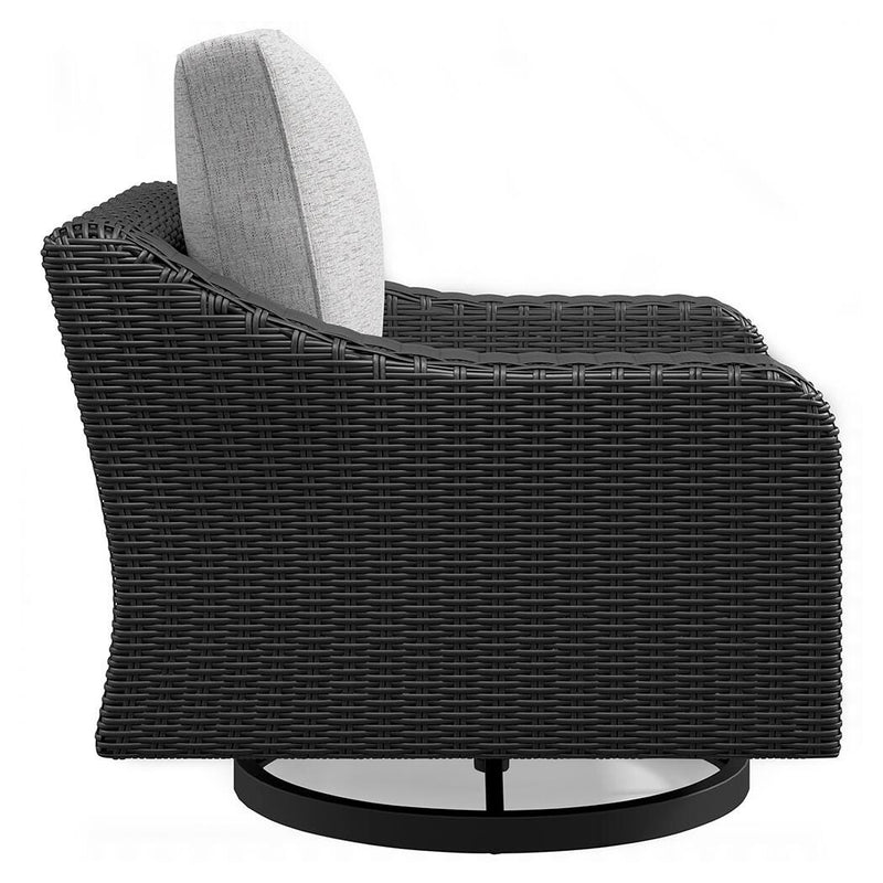 Ashley Furniture Beachcroft outdoor swivel lounge chair with cushion, featuring a stylish design and comfortable seating for outdoor spaces.