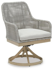 Ashley Furniture Seton Creek outdoor seating set with cushioned chairs and a matching table, ideal for patio or garden relaxation.