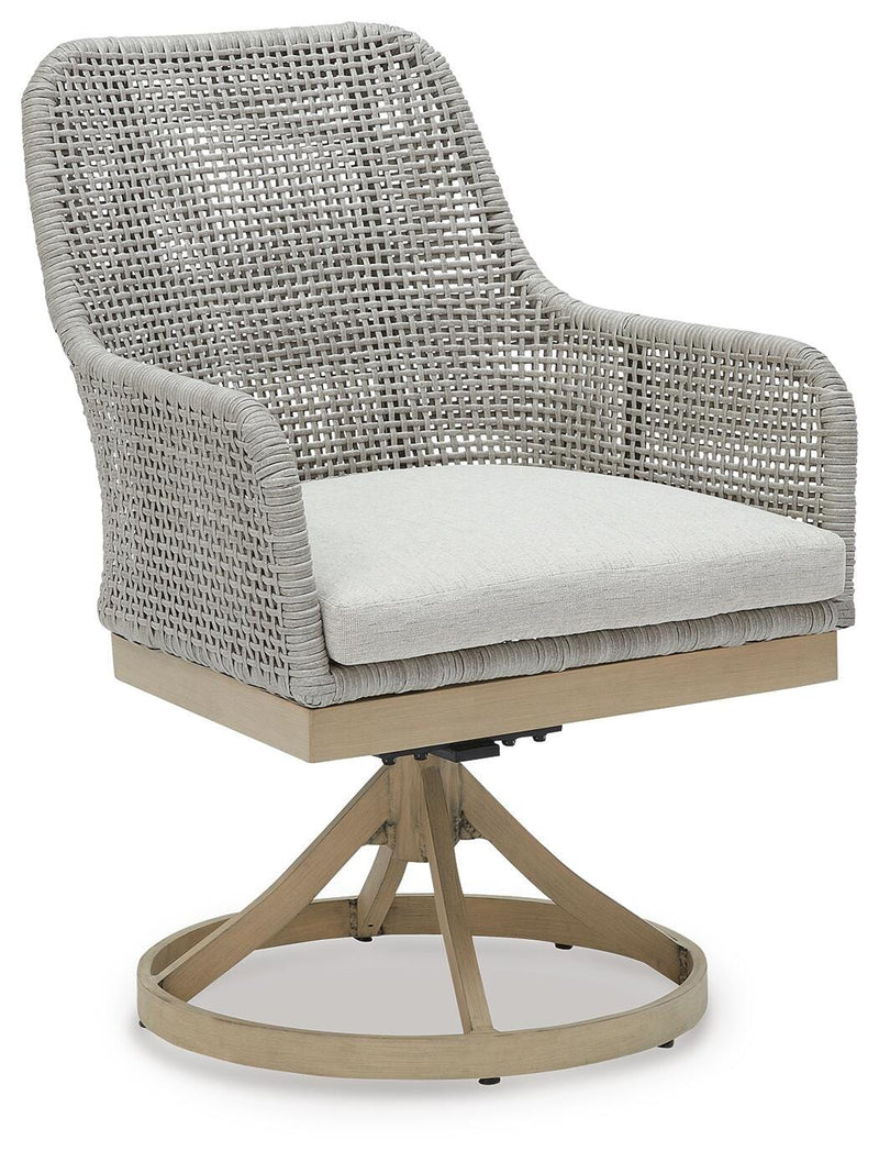Ashley Furniture Seton Creek outdoor seating set with cushioned chairs and a matching table, ideal for patio or garden relaxation.