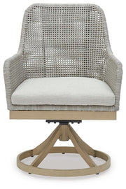 Seton Creek outdoor seating set by Ashley Furniture with cushioned chairs and a matching table, suitable for patio or garden use.
