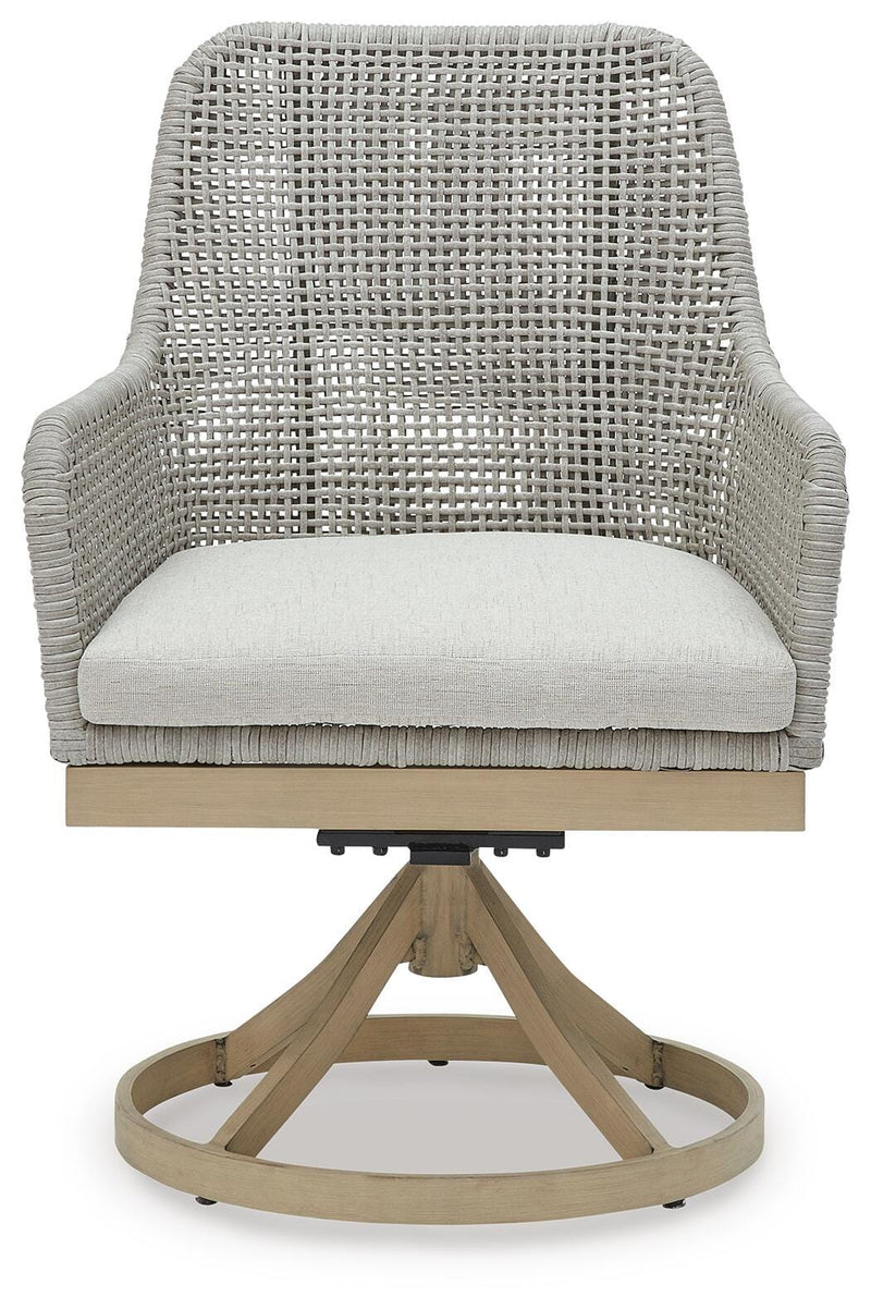 Seton Creek outdoor seating set by Ashley Furniture with cushioned chairs and a matching table, suitable for patio or garden use.