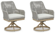 Seton Creek outdoor seating set by Ashley Furniture with cushioned chairs and a matching table for patio relaxation.