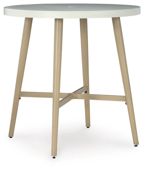 Ashley Furniture Seton Creek outdoor pub table with a round wooden top and metal base, ideal for outdoor patio dining.