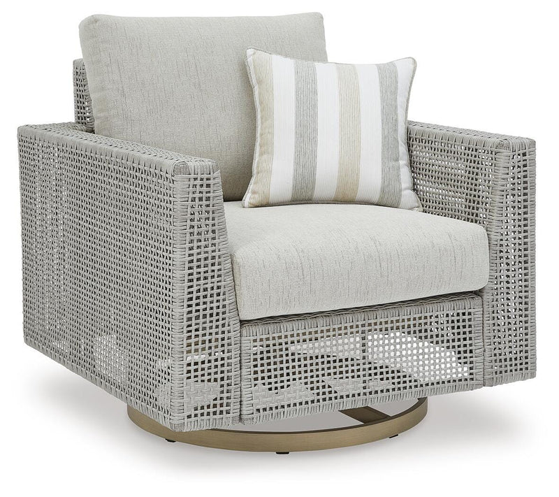 Seton Creek outdoor seating set by Ashley Furniture with cushioned chairs and a matching table, designed for patio relaxation.