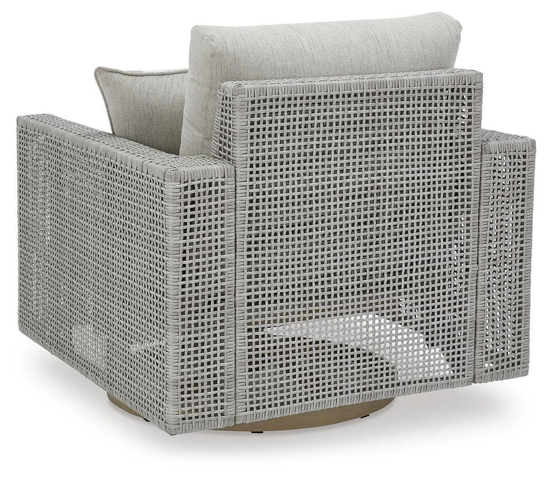 Seton Creek outdoor seating set by Ashley Furniture with cushioned chairs and a matching table, ideal for patio relaxation.