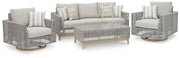 Ashley Furniture Seton Creek outdoor upholstery set with matching outdoor table and cushioned chairs in a garden setting